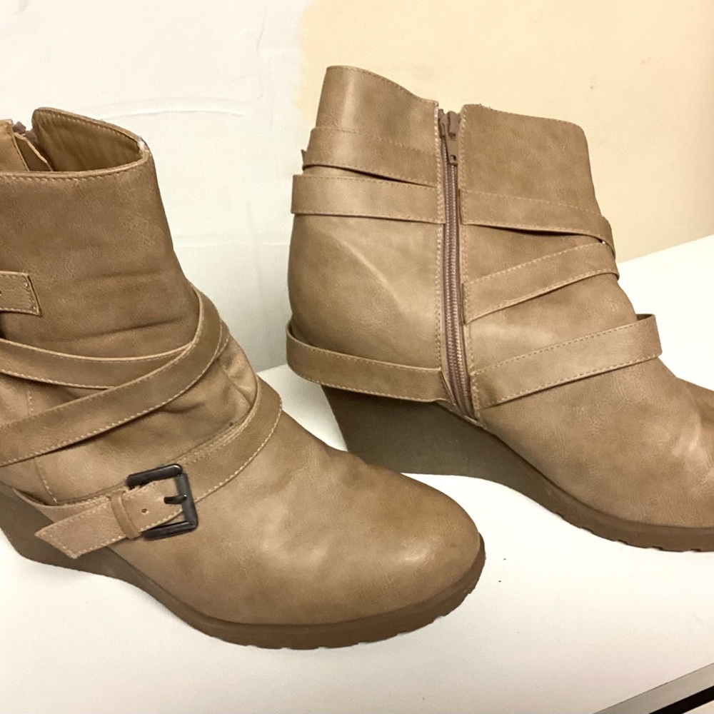 Tan wedge ankle bootie
